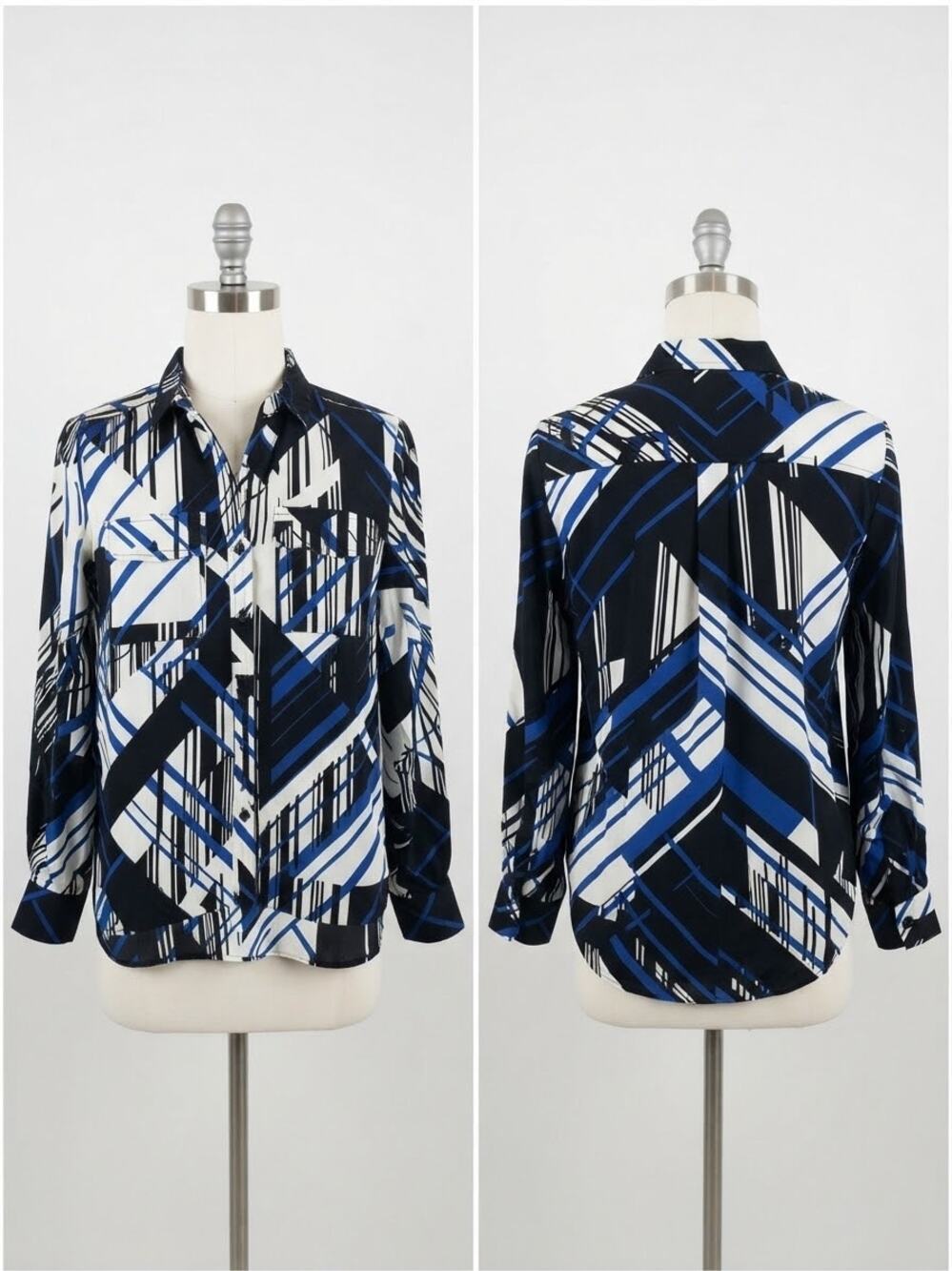 Karl Lagerfeld Paris Blue Black White Abstract Geometric Long Sleeve Shirt Large